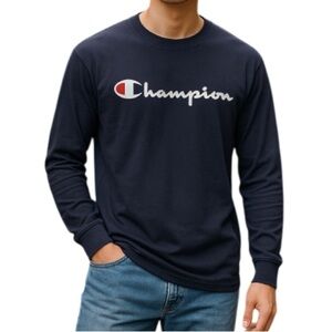 CHAMPION Men’s Graphic Logo T-shirt Navy Blue Long Sleeve Crewneck Spellout M